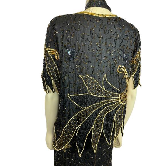 NWT Stunning Vintage silk sequenced beaded black, gold top, skirt set size large - Picture 15 of 17